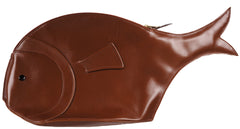 Vintage 1990s Emmanuelle Khanh Fish Form Novelty Purse Brown Leather Clutch Style - Poppy's Vintage Clothing