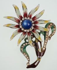 Vintage 1940s Enamel Flower Brooch w Rhinestones Unsigned Coro Design - Poppy's Vintage Clothing
