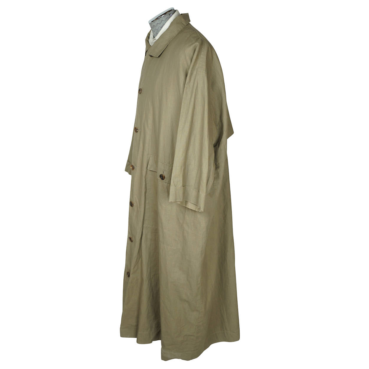 Eskandar Mens Rain Coat Oversized Linen Trench Made in England Sage Green Size 1 - Poppy's Vintage Clothing