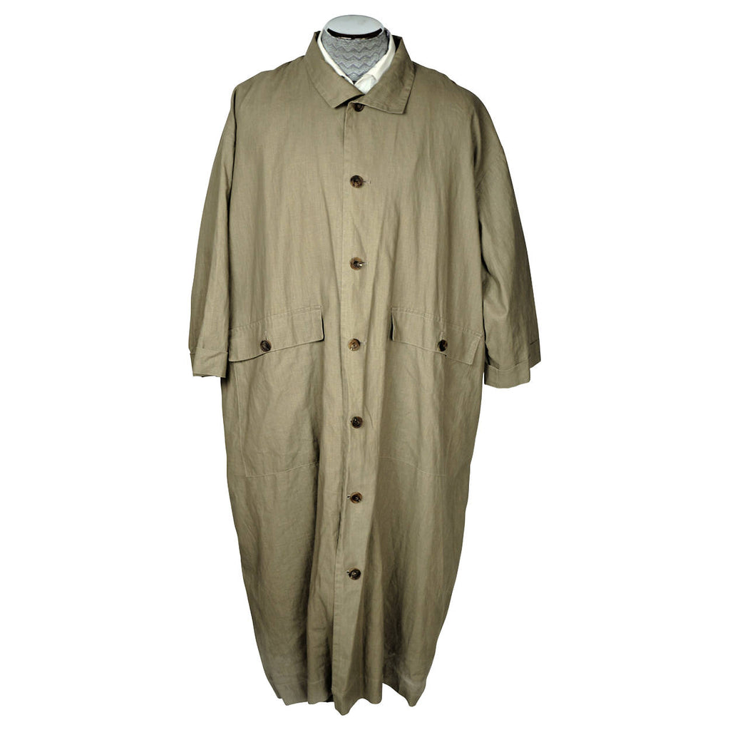Eskandar Mens Rain Coat Oversized Linen Trench Made in England Sage Green Size 1 - Poppy's Vintage Clothing