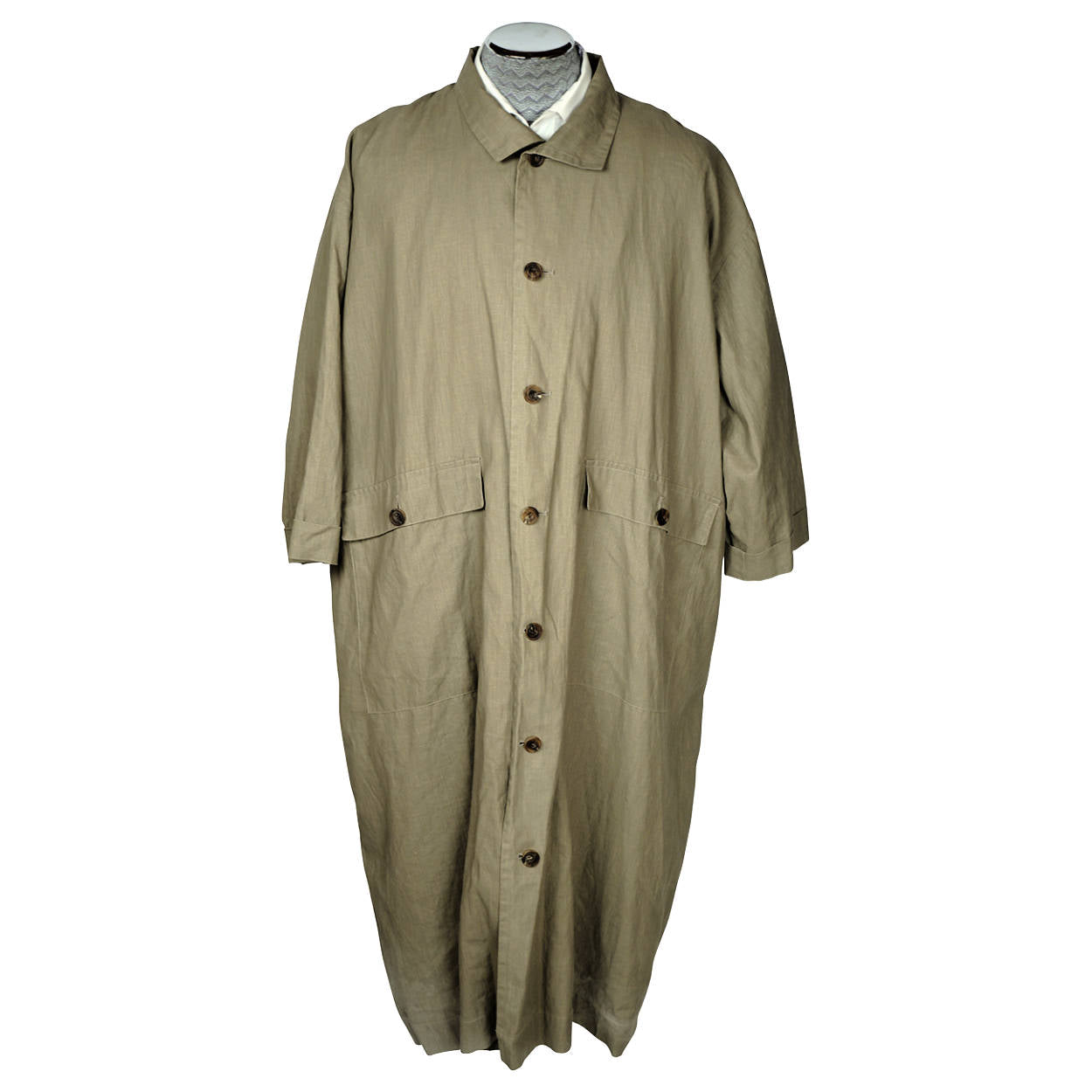 Eskandar Mens Rain Coat Oversized Linen Trench Made in England Sage Green Size 1 - Poppy's Vintage Clothing