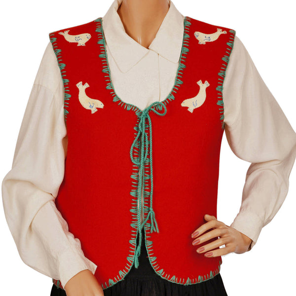 Vintage Inuit Red Wool Vest Handcrafted by Canadian Eskimos Ladies Medium - Poppy's Vintage Clothing