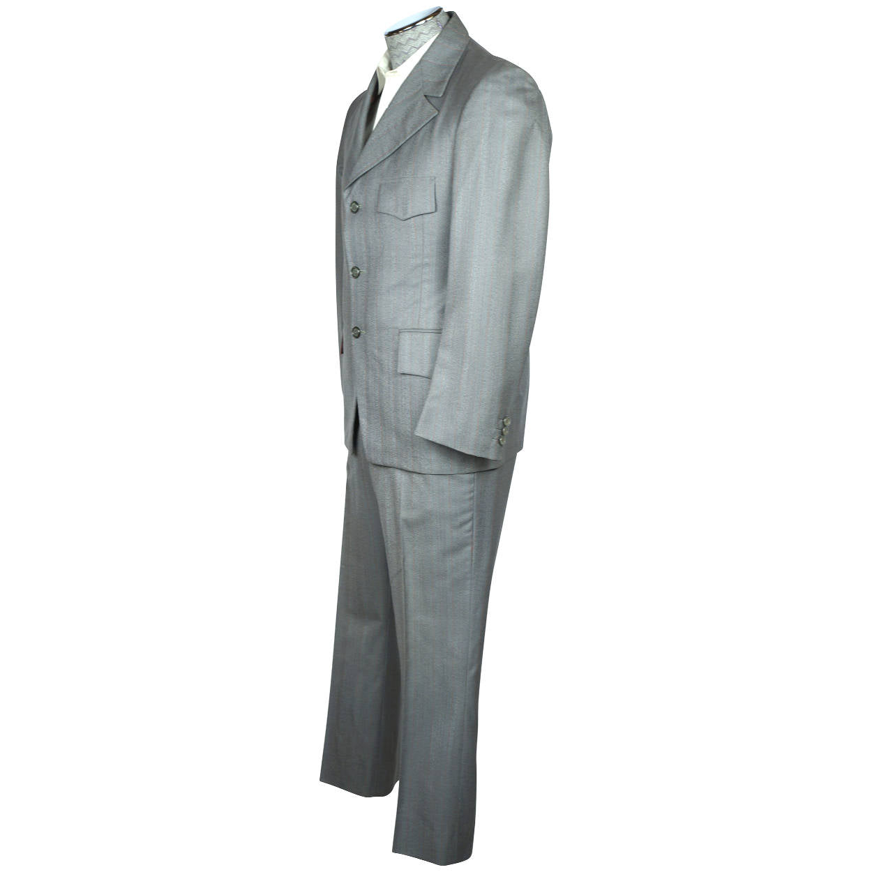Vintage 1960s British Invasion Suit Shiny Grey w Pinstripes Fashion Tones Size M - Poppy's Vintage Clothing