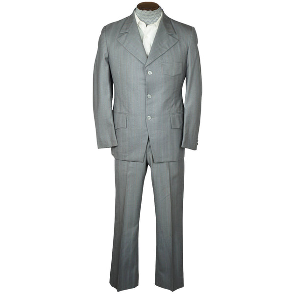 Vintage 1960s British Invasion Suit Shiny Grey w Pinstripes Fashion Tones Size M - Poppy's Vintage Clothing