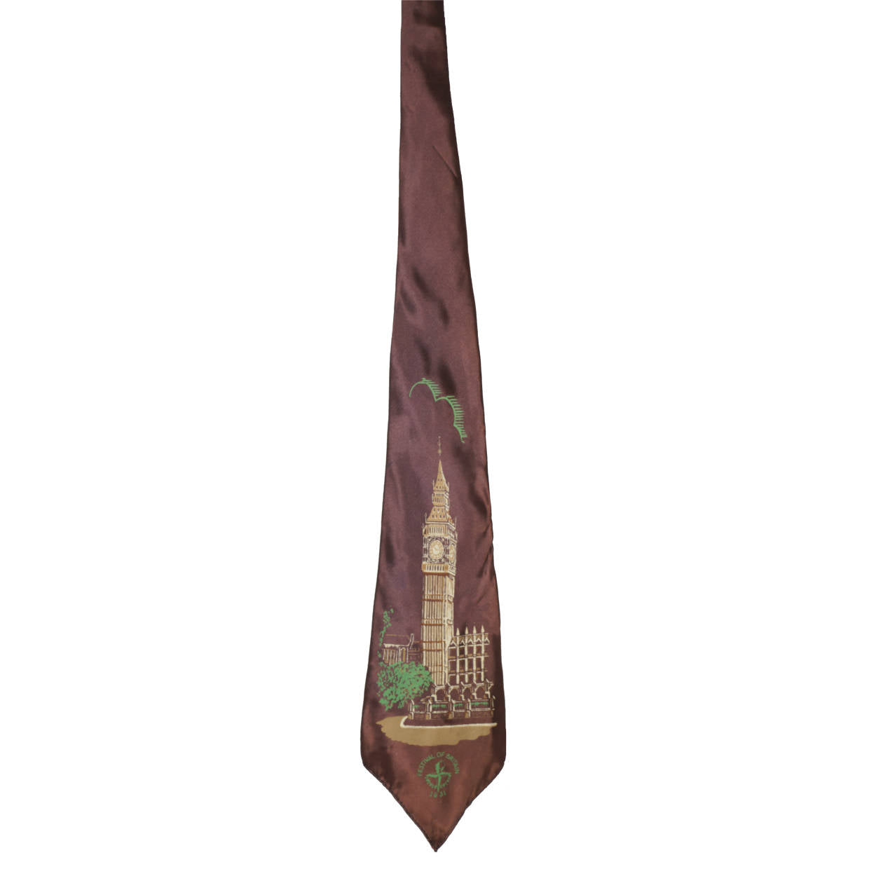 Vintage 1951 Festival of Britain Souvenir Tie Big Ben on Purple Satin - Poppy's Vintage Clothing