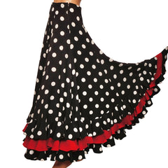 Vintage Spanish Flamenco Style Skirt White Polka Dot on Black w Red Flounce - Poppy's Vintage Clothing