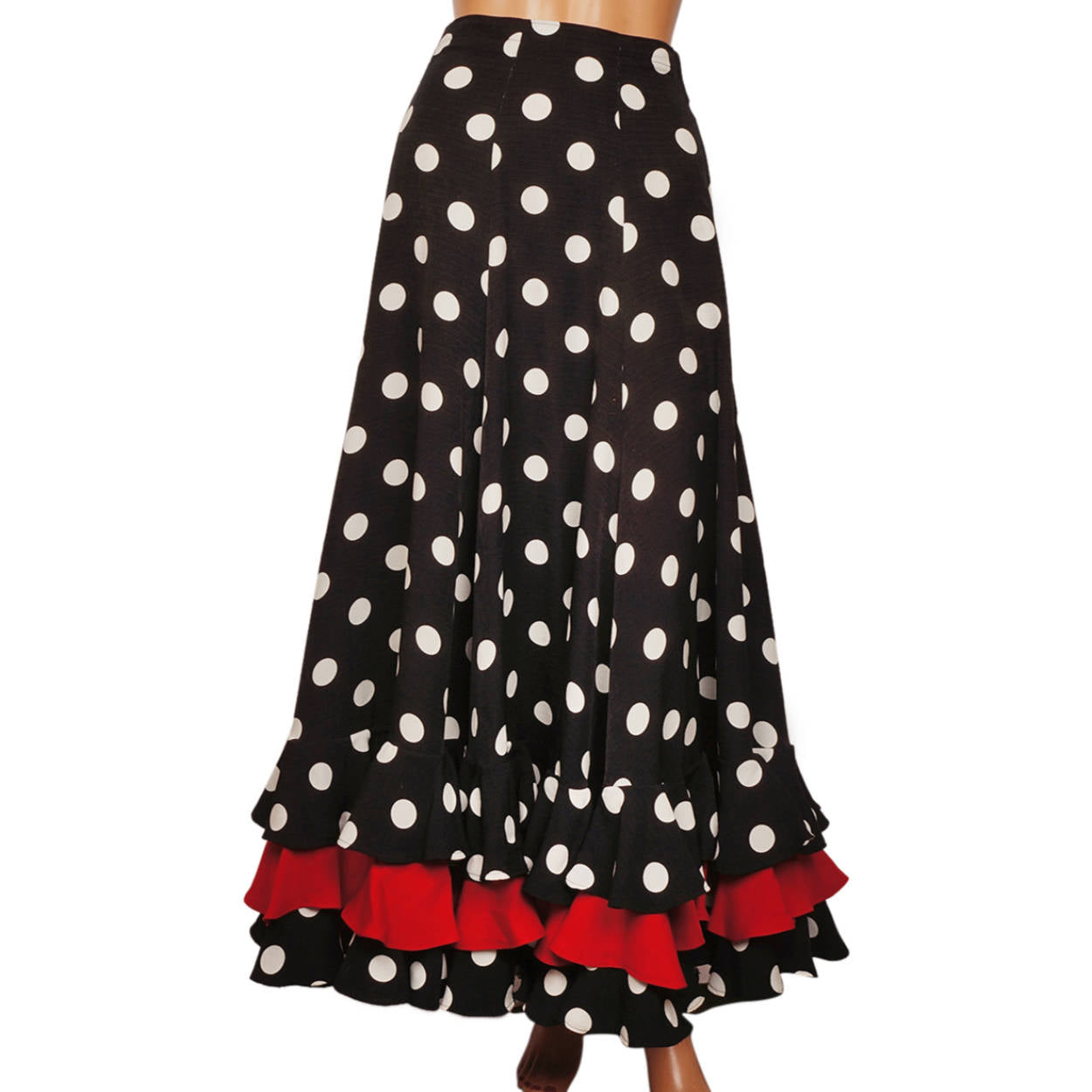 Vintage Spanish Flamenco Style Skirt White Polka Dot on Black w Red Flounce - Poppy's Vintage Clothing