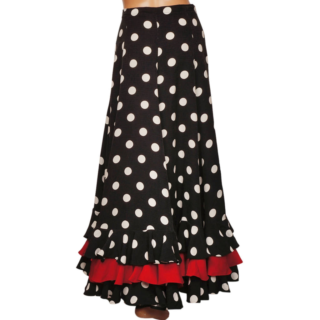Vintage Spanish Flamenco Style Skirt White Polka Dot on Black w Red Flounce - Poppy's Vintage Clothing