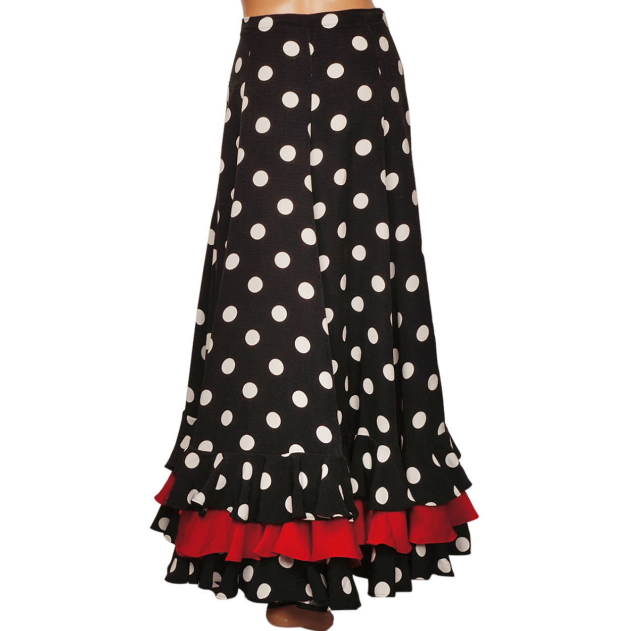 Vintage Spanish Flamenco Style Skirt White Polka Dot on Black w Red Flounce - Poppy's Vintage Clothing