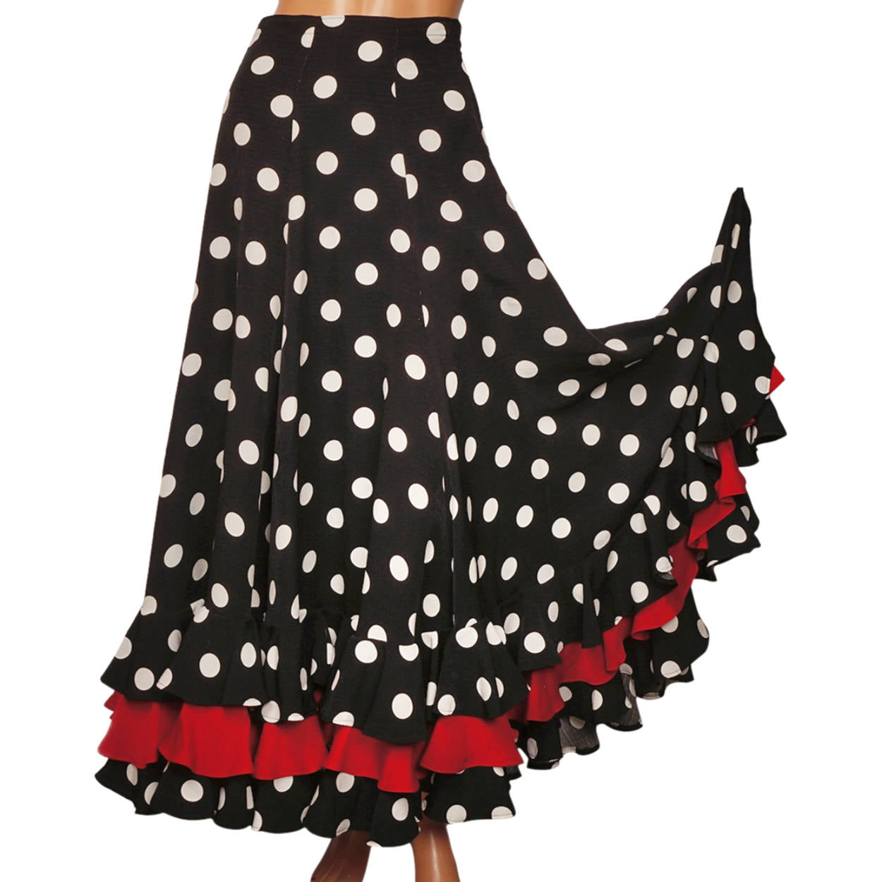 Vintage Spanish Flamenco Style Skirt White Polka Dot on Black w Red Flounce - Poppy's Vintage Clothing
