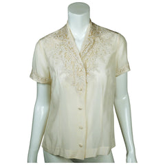 Vintage 1960s Floral Embroidered Pure Silk Blouse Short Sleeve Shirt Size M L - Poppy's Vintage Clothing
