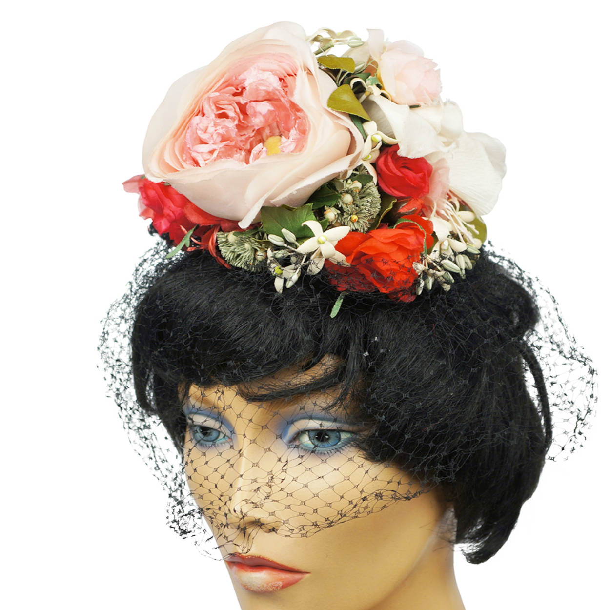 Vintage 1940s Fascinator Floral Tilt Hat Rose Flower Bouquet with Net Veil - Poppy's Vintage Clothing