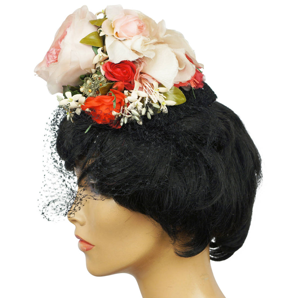 Vintage 1940s Fascinator Floral Tilt Hat Rose Flower Bouquet with Net Veil - Poppy's Vintage Clothing