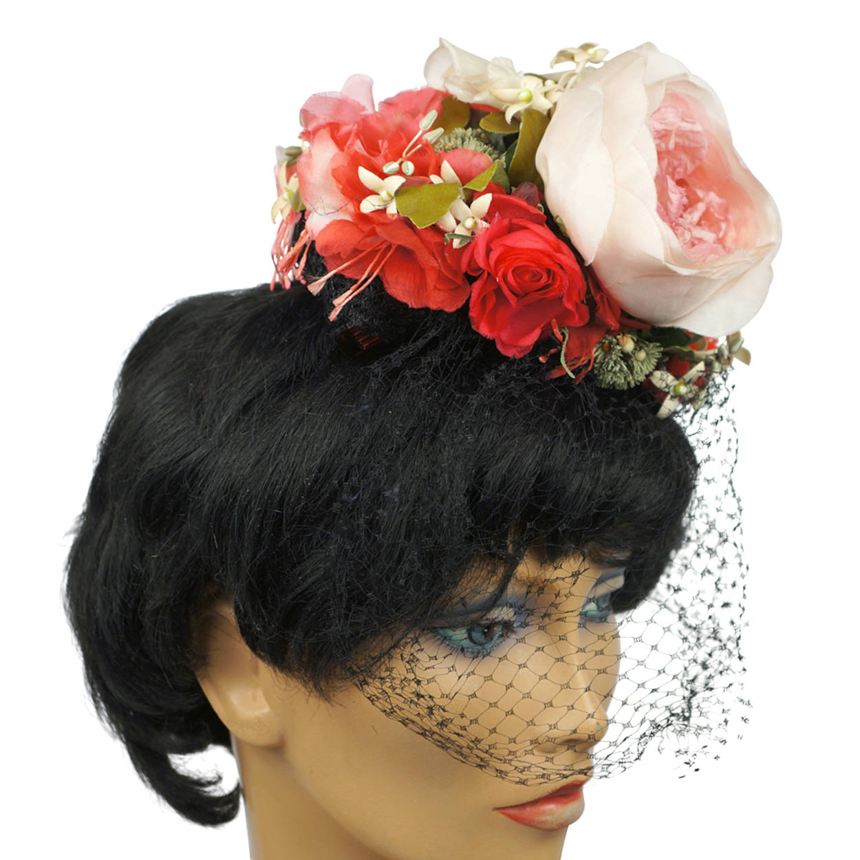Vintage 1940s Fascinator Floral Tilt Hat Rose Flower Bouquet with Net Veil - Poppy's Vintage Clothing