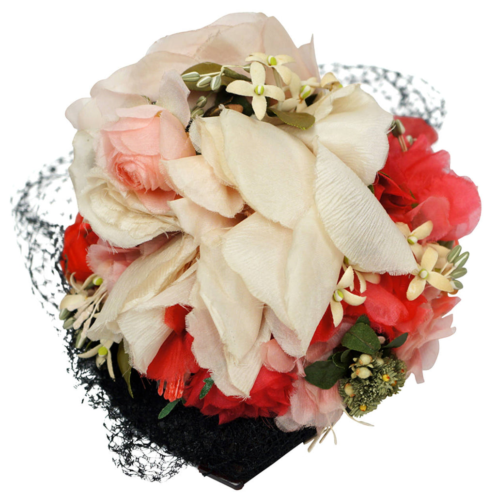 Vintage 1940s Fascinator Floral Tilt Hat Rose Flower Bouquet with Net Veil - Poppy's Vintage Clothing