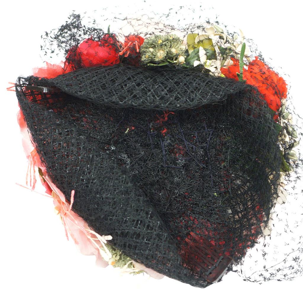Vintage 1940s Fascinator Floral Tilt Hat Rose Flower Bouquet with Net Veil - Poppy's Vintage Clothing
