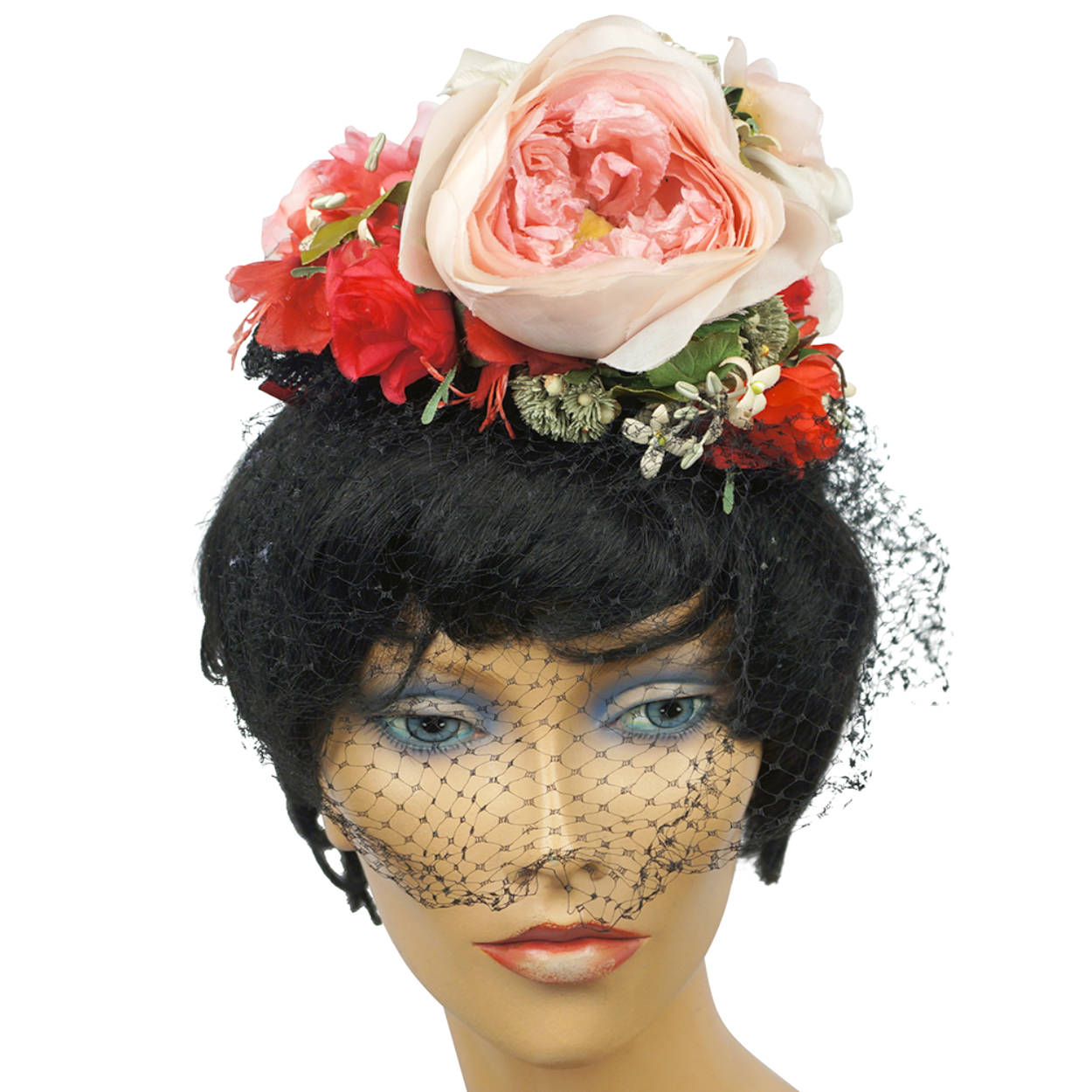 Vintage 1940s Fascinator Floral Tilt Hat Rose Flower Bouquet with Net Veil - Poppy's Vintage Clothing