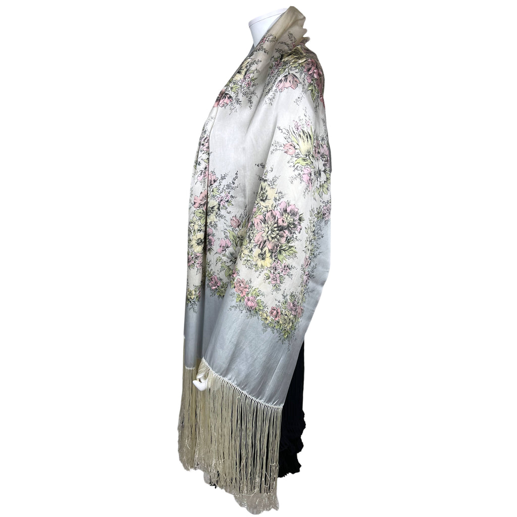 1930s Vintage Fringed Silk Shawl Floral Printed Wrap