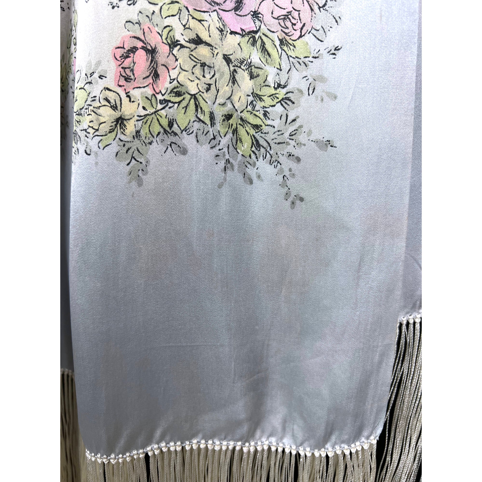 1930s Vintage Fringed Silk Shawl Floral Printed Wrap