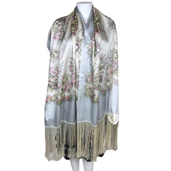 1930s Vintage Fringed Silk Shawl Floral Printed Wrap
