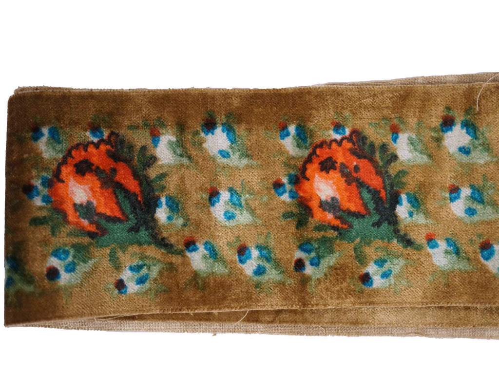 Antique French Velvet Ribbon Trim with Rosebud Print - Poppy's Vintage Clothing