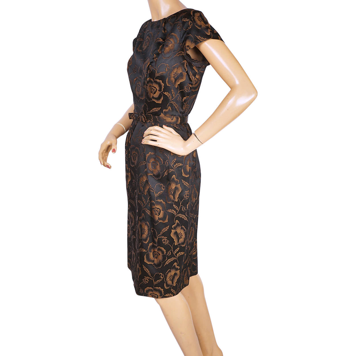 Vintage 1960s Cocktail Dress Floral Woven Satin Brown and Black Size M - Poppy's Vintage Clothing