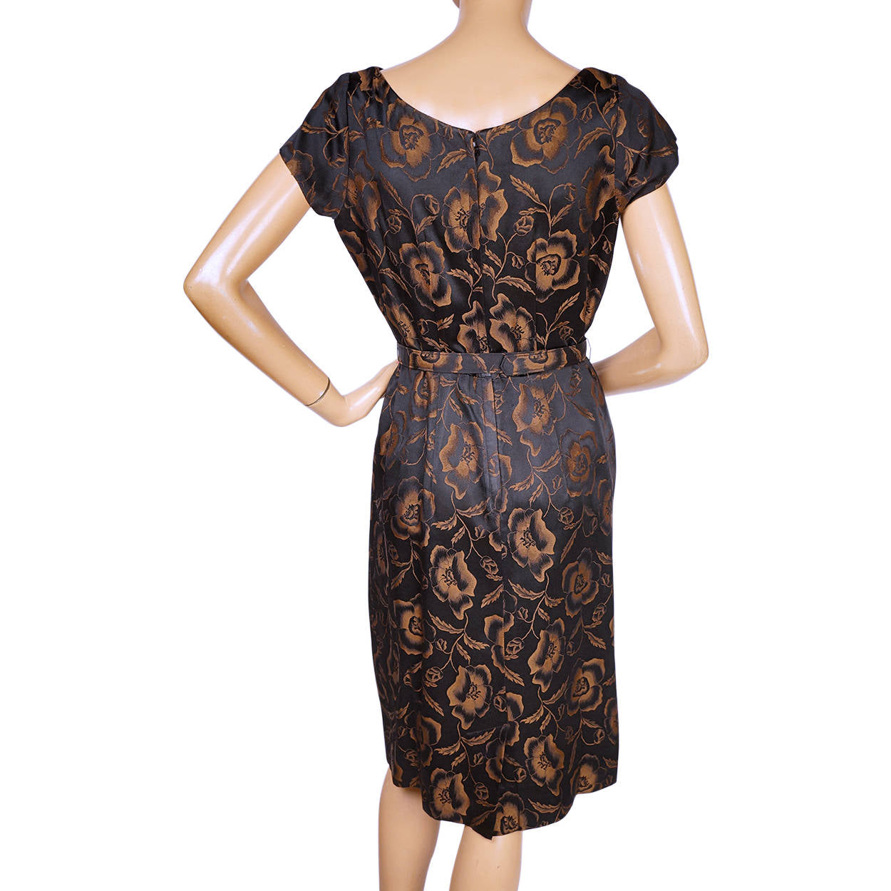 Vintage 1960s Cocktail Dress Floral Woven Satin Brown and Black Size M