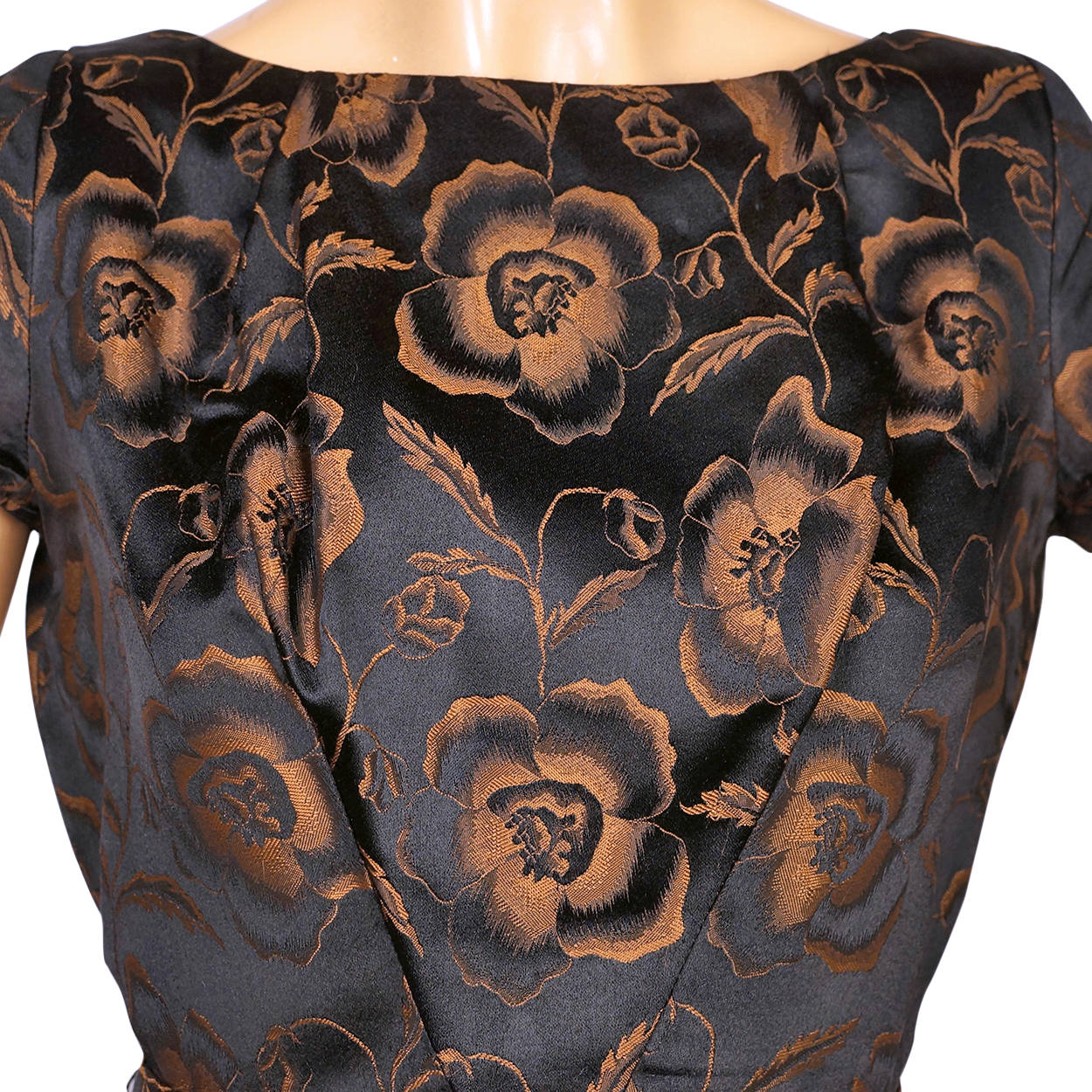 Vintage 1960s Cocktail Dress Floral Woven Satin Brown and Black Size M - Poppy's Vintage Clothing
