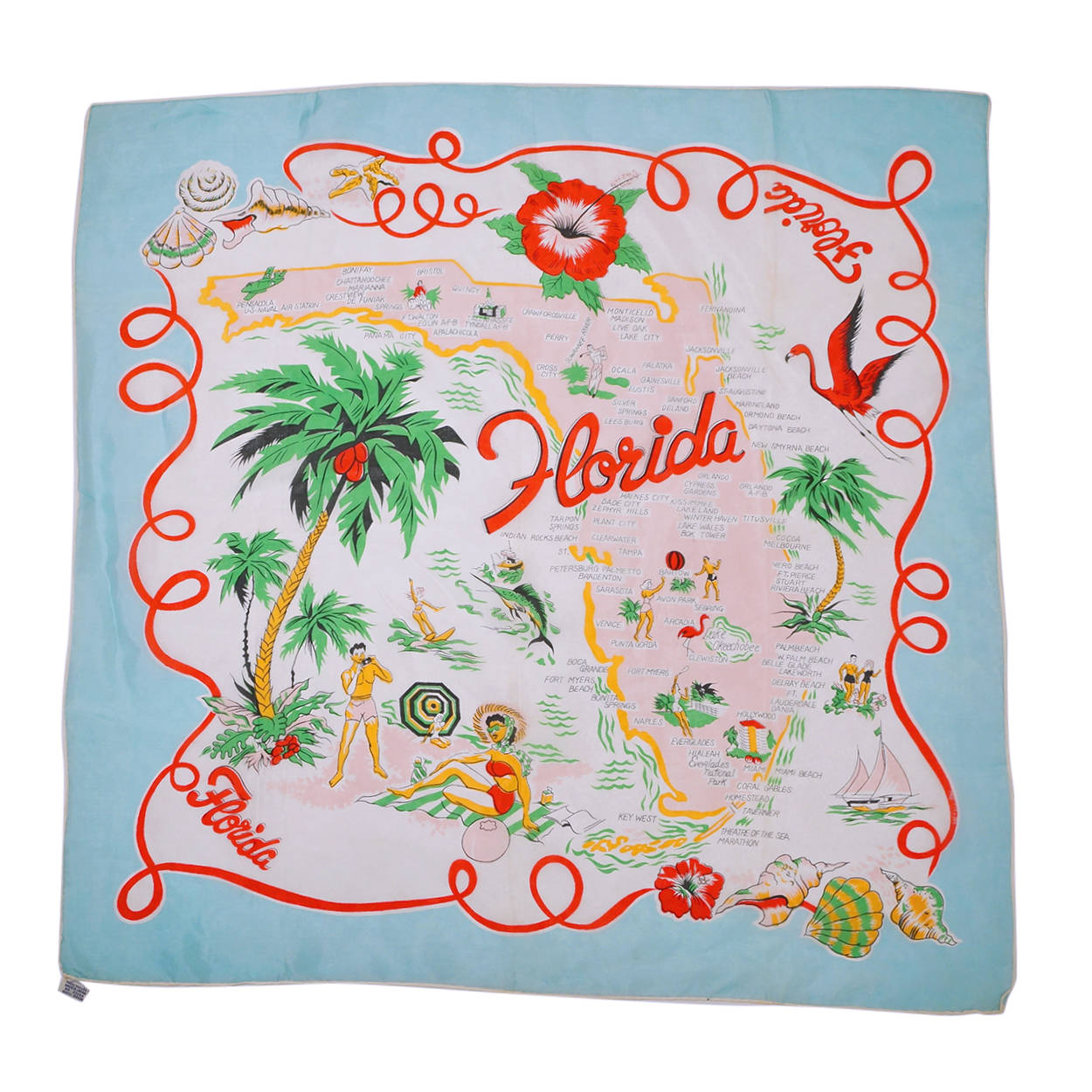 Vintage Florida Souvenir Scarf Square Early 1960s State Map Rayon MIJ - Poppy's Vintage Clothing