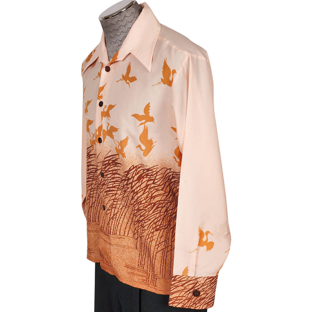 Vintage Mens Disco Shirt 1970s Flying Cranes Print Polyester Studio 1 by Campus Large - Poppy's Vintage Clothing