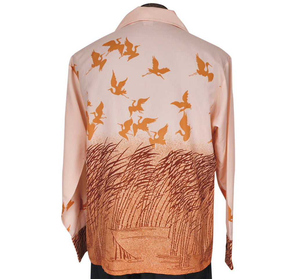 Vintage Mens Disco Shirt 1970s Flying Cranes Print Polyester Studio 1 by Campus Large - Poppy's Vintage Clothing