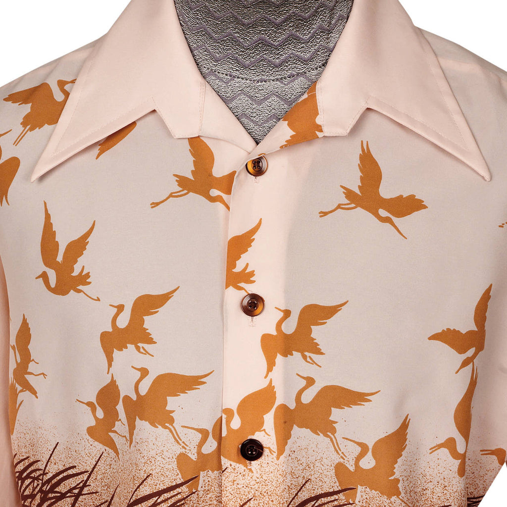 Vintage Mens Disco Shirt 1970s Flying Cranes Print Polyester Studio 1 by Campus Large - Poppy's Vintage Clothing