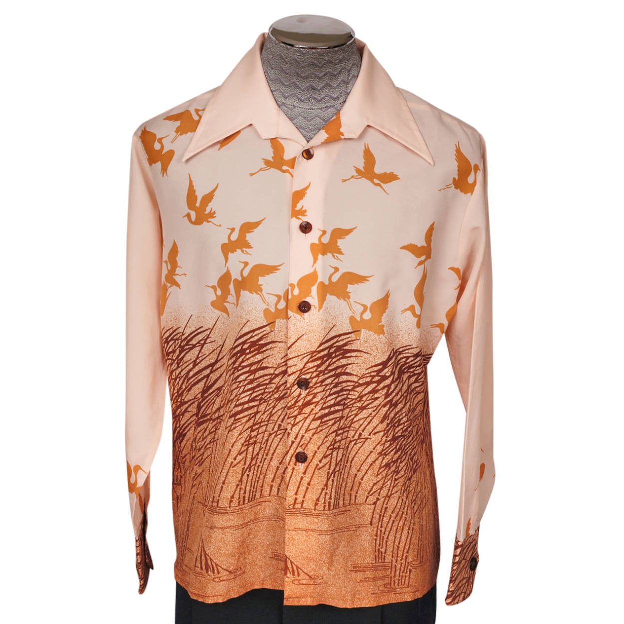 Vintage Mens Disco Shirt 1970s Flying Cranes Print Polyester Studio 1 by Campus Large - Poppy's Vintage Clothing