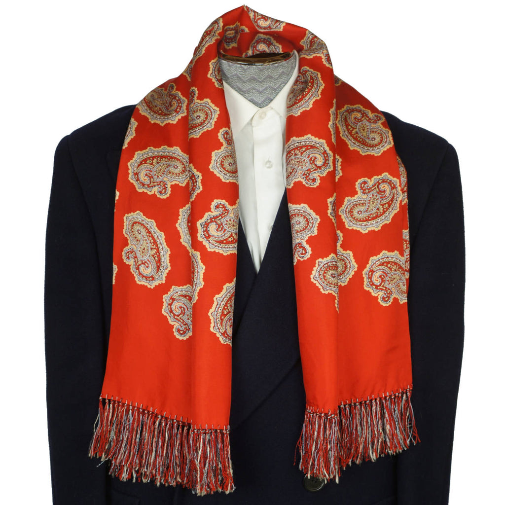 Vintage Mens Red Silk Fringed Paisley Scarf by Forsyth 1940s Fashion Foulard - Poppy's Vintage Clothing