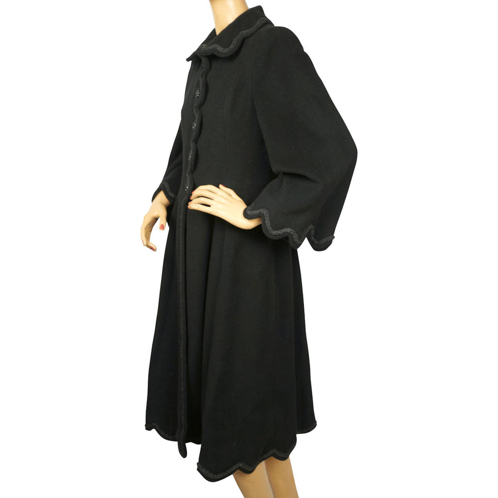 Vintage 1950s Black Wool Coat Haute Couture Frank Oujezdsky Montreal Ladies S - Poppy's Vintage Clothing