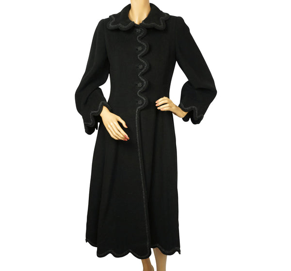 Vintage 1950s Black Wool Coat Haute Couture Frank Oujezdsky Montreal Ladies S - Poppy's Vintage Clothing