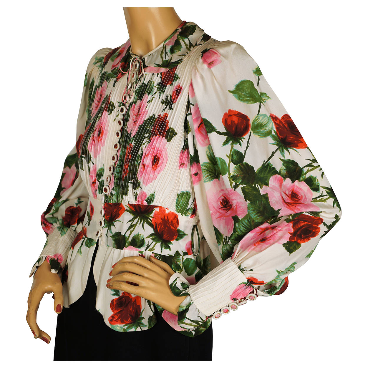 Vintage Silk Blouse Rose Floral Pattern Frank Oujezdsky Haute Couture 1960s - Poppy's Vintage Clothing