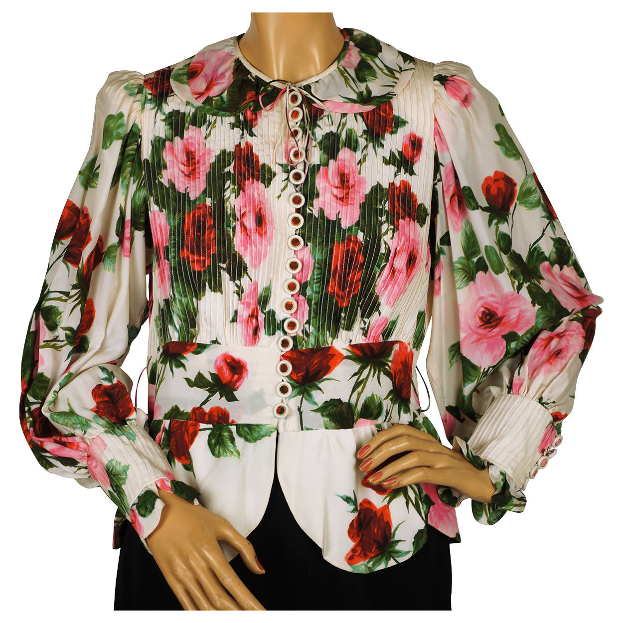 Vintage Silk Blouse Rose Floral Pattern Frank Oujezdsky Haute Couture 1960s - Poppy's Vintage Clothing