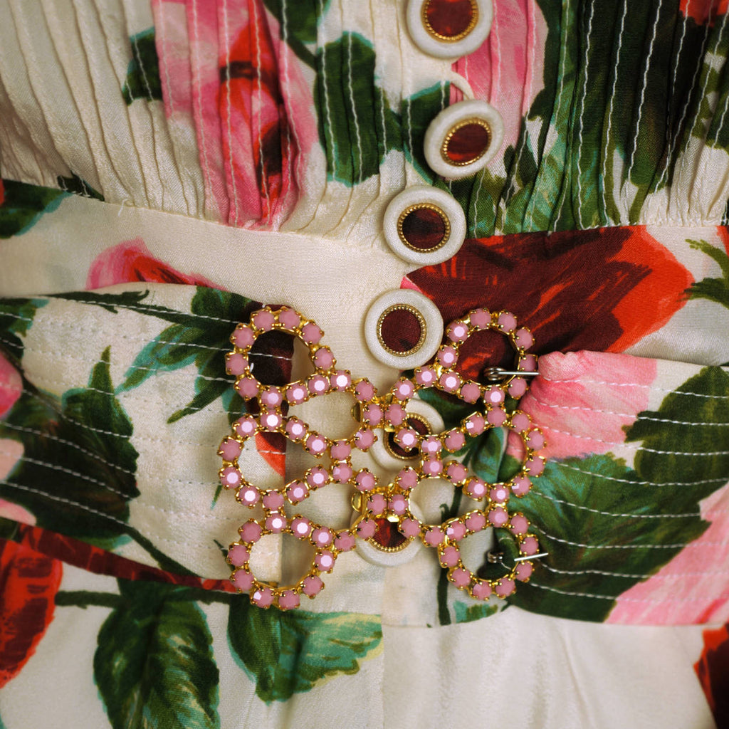 Vintage Silk Blouse Rose Floral Pattern Frank Oujezdsky Haute Couture 1960s - Poppy's Vintage Clothing