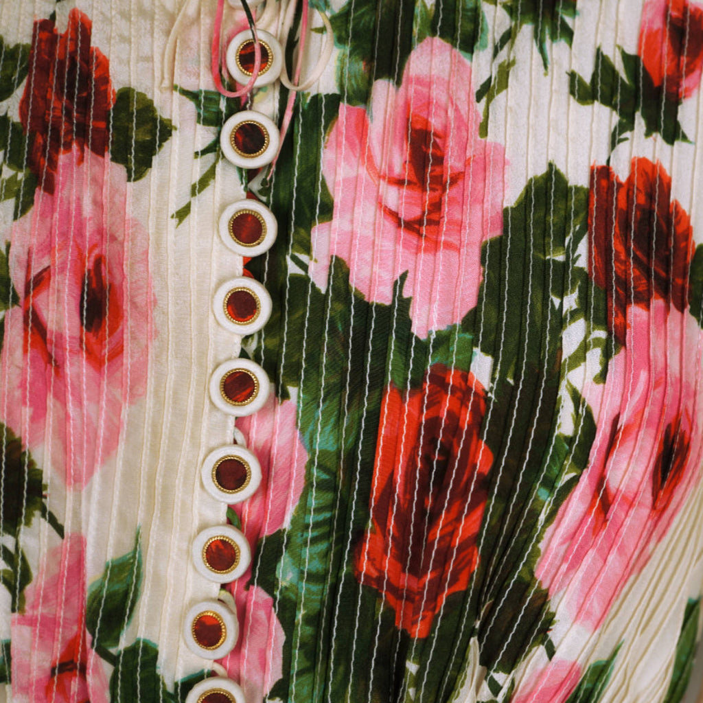 Vintage Silk Blouse Rose Floral Pattern Frank Oujezdsky Haute Couture 1960s - Poppy's Vintage Clothing