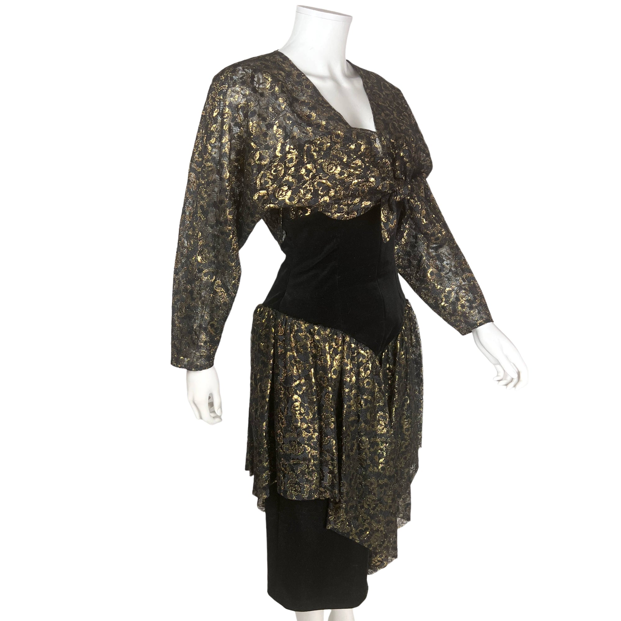 1980s Vintage Frank Usher Dress Gold Lace & Black Velvet M