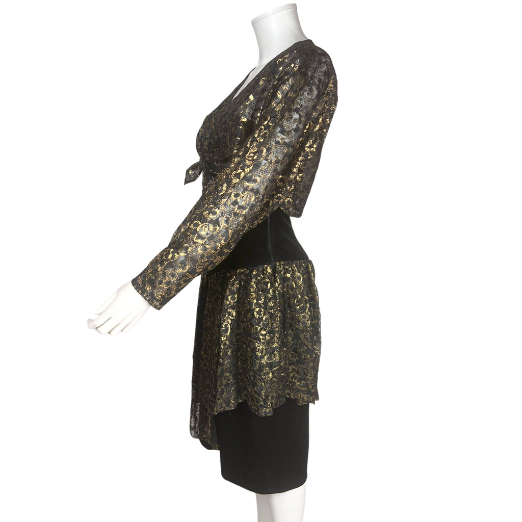 1980s Vintage Frank Usher Dress Gold Lace & Black Velvet M