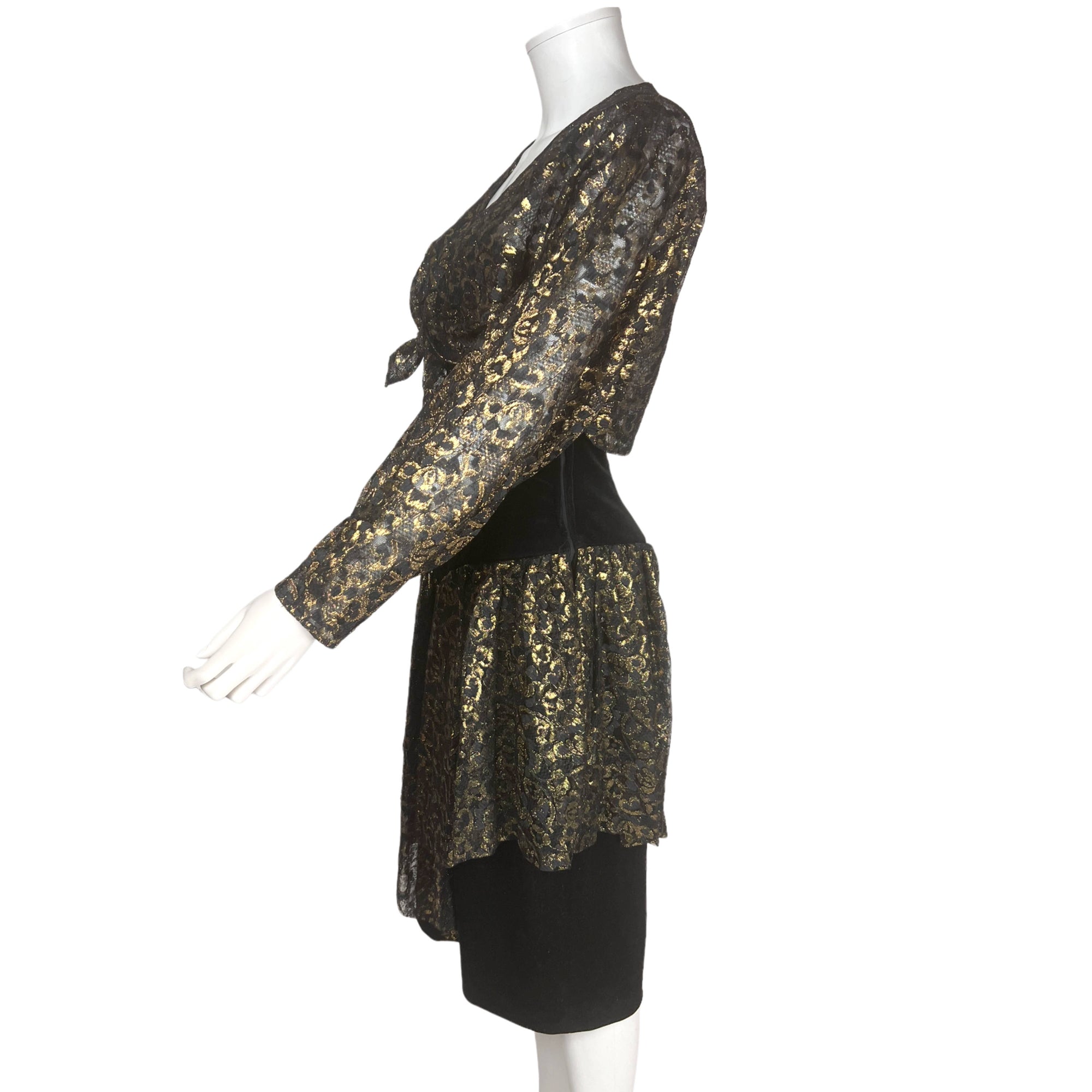 1980s Vintage Frank Usher Dress Gold Lace & Black Velvet M