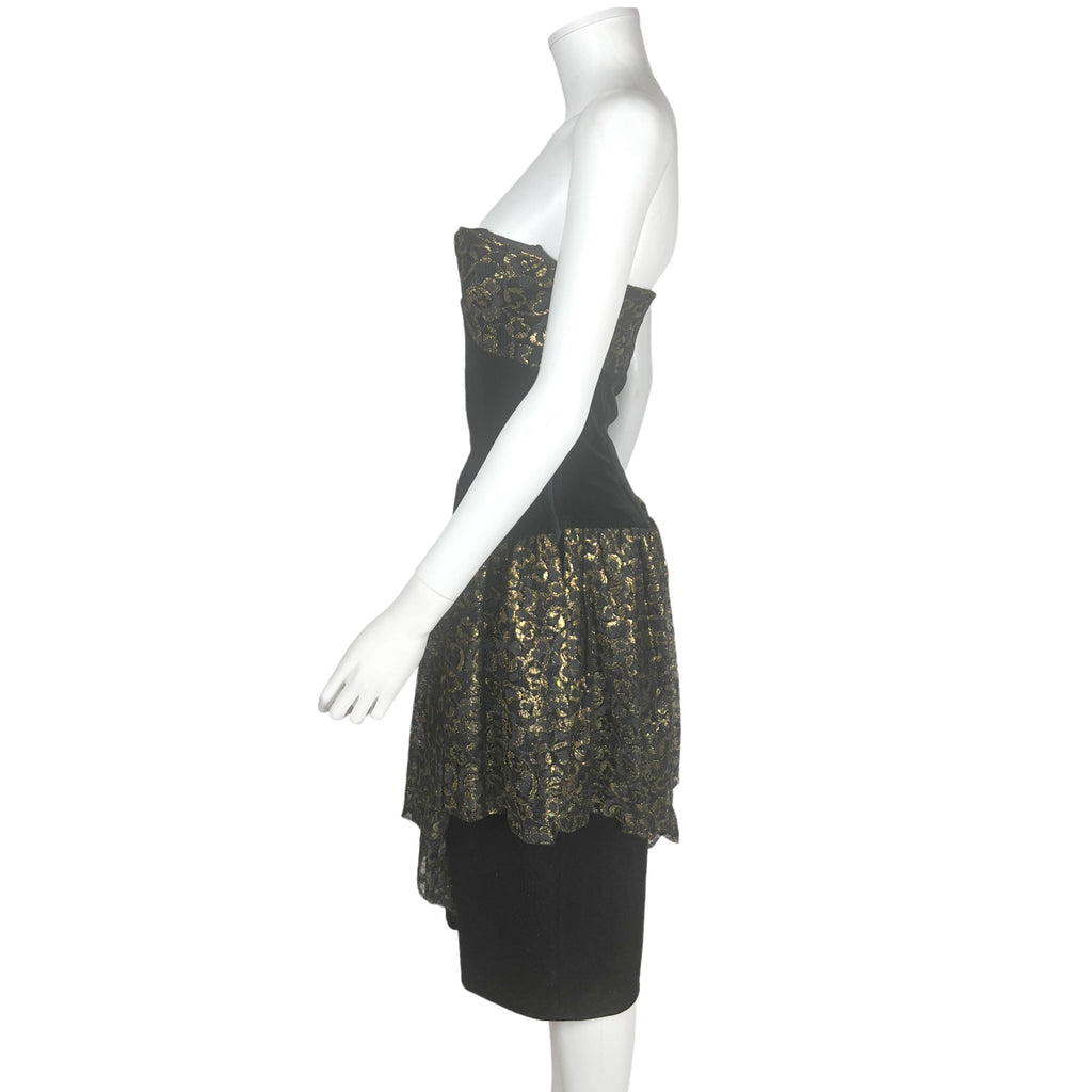 1980s Vintage Frank Usher Dress Gold Lace & Black Velvet M