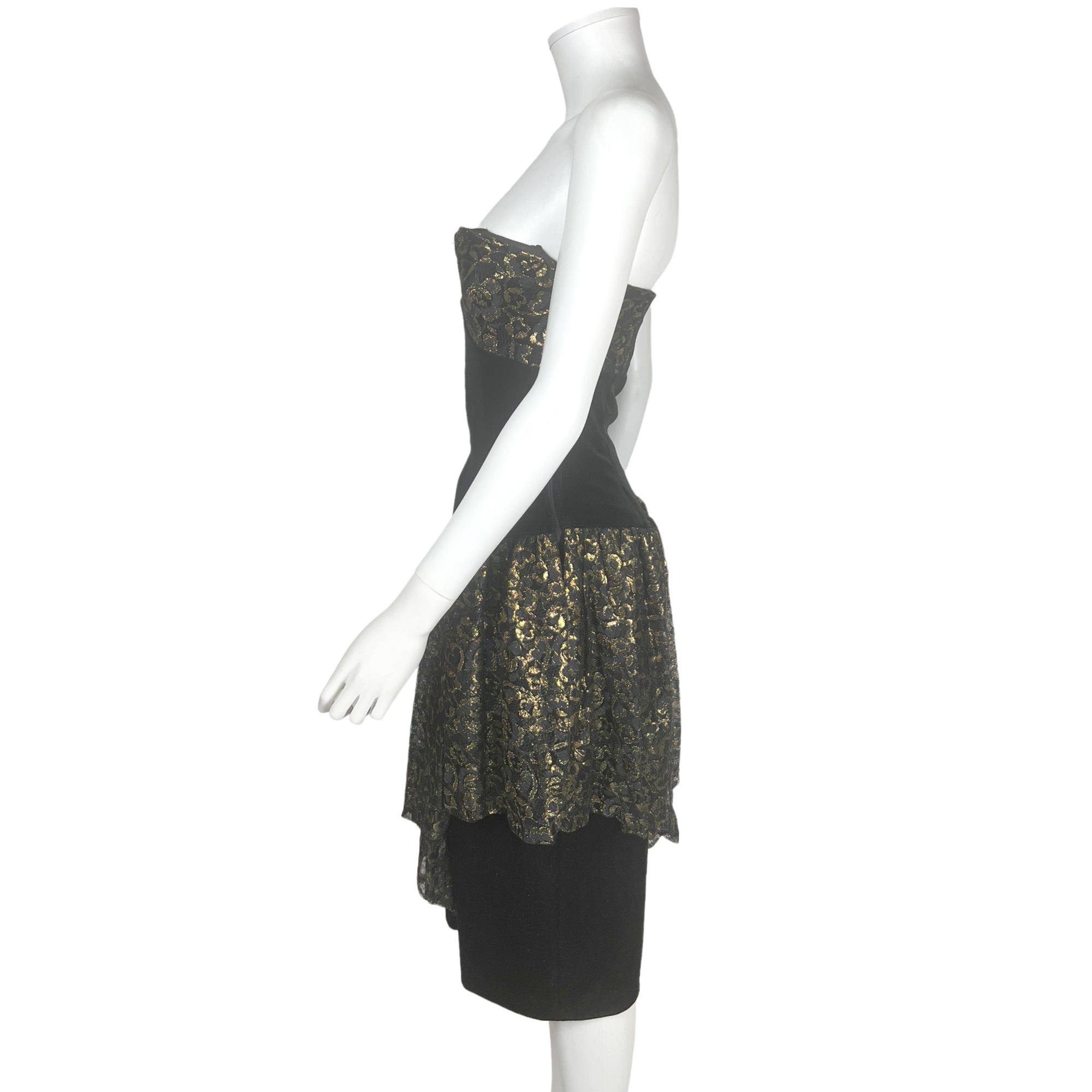 1980s Vintage Frank Usher Dress Gold Lace & Black Velvet M