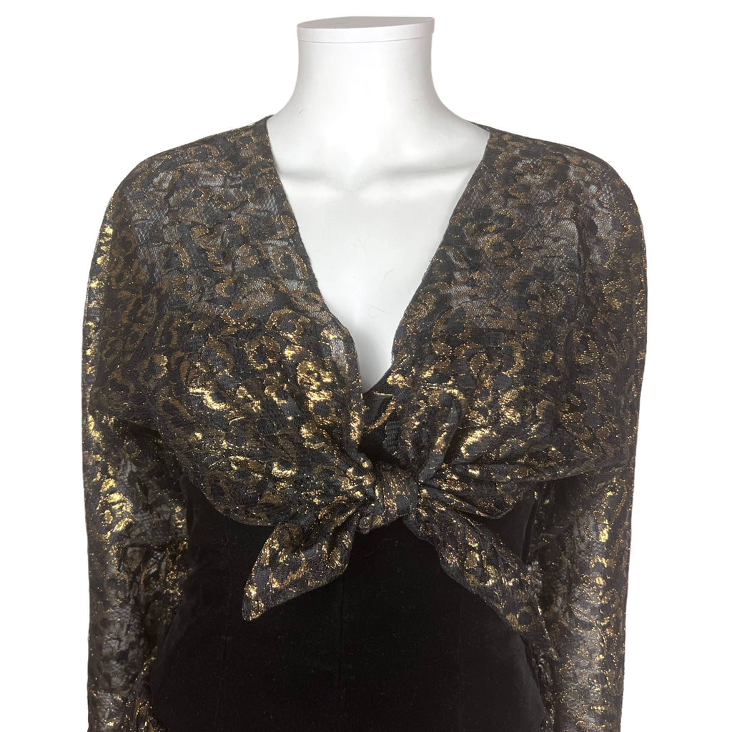1980s Vintage Frank Usher Dress Gold Lace & Black Velvet M