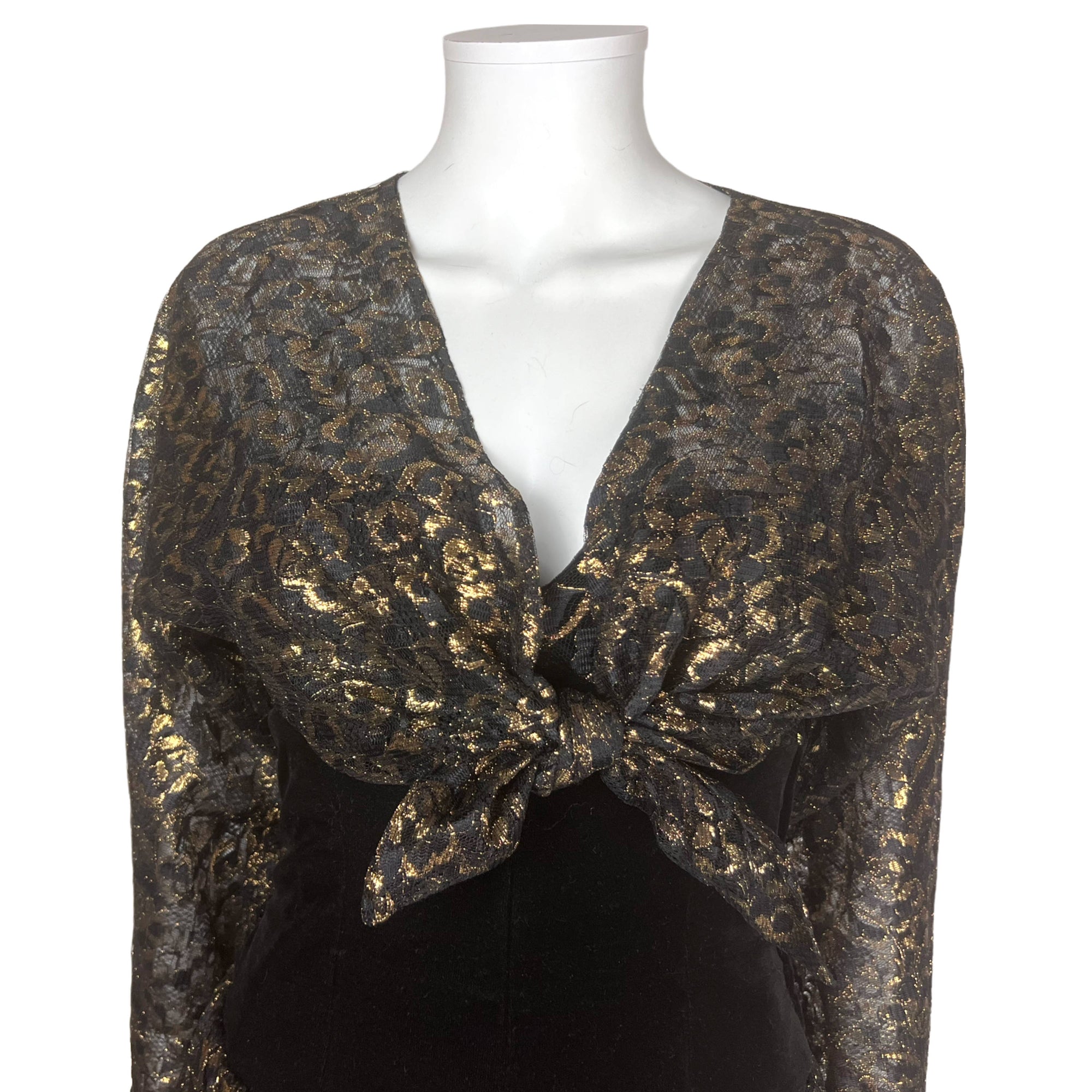 1980s Vintage Frank Usher Dress Gold Lace & Black Velvet M