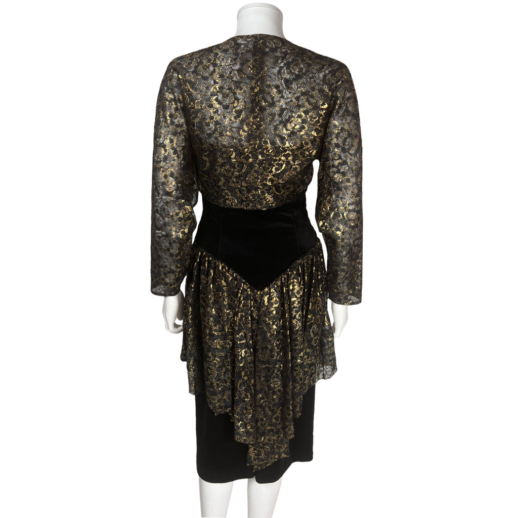 1980s Vintage Frank Usher Dress Gold Lace & Black Velvet M