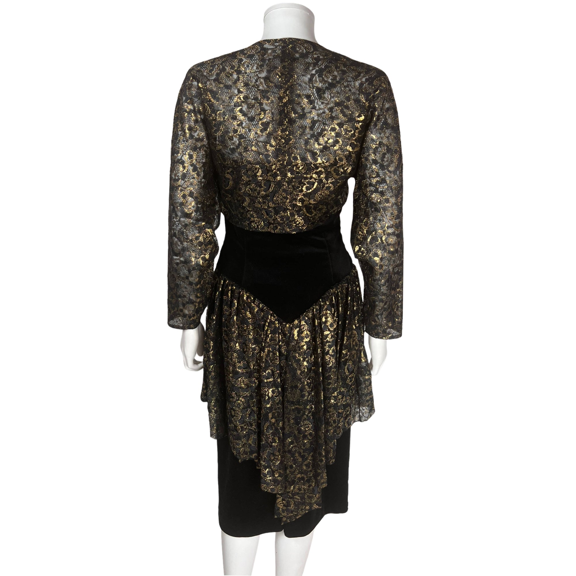 1980s Vintage Frank Usher Dress Gold Lace & Black Velvet M