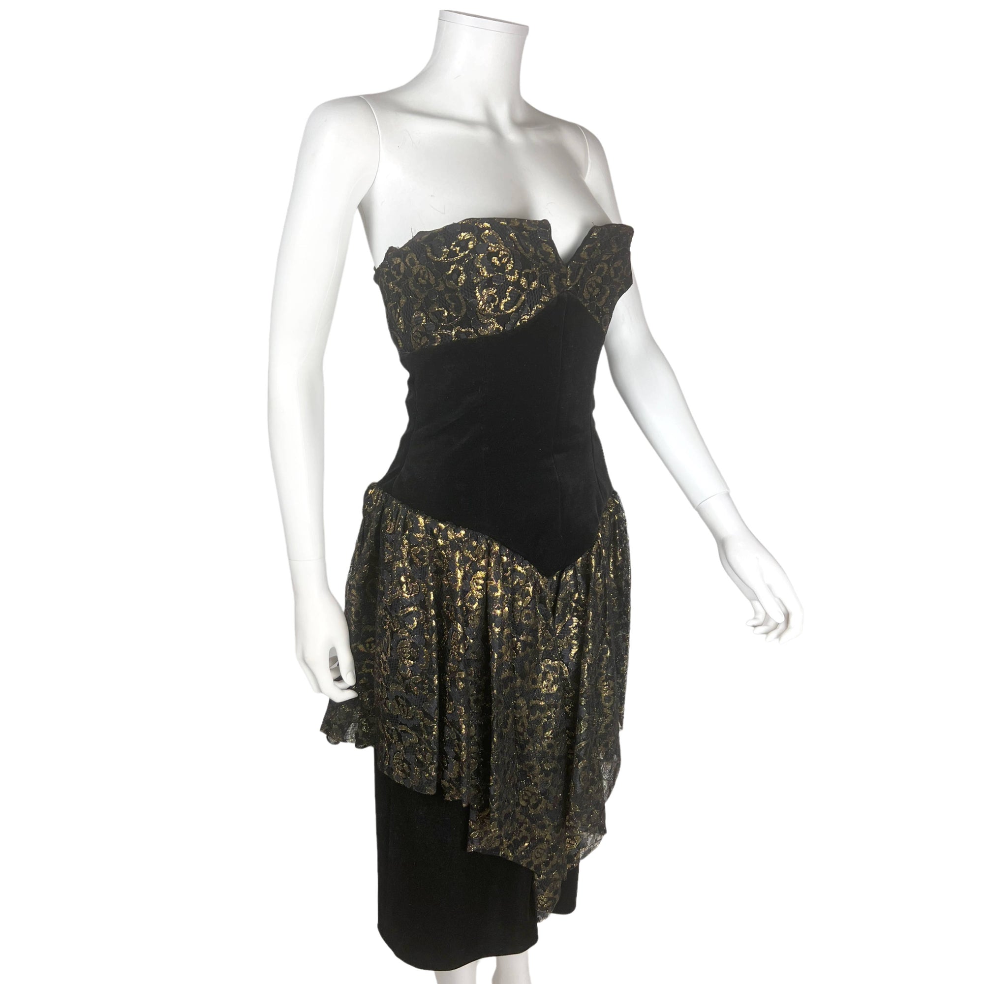 1980s Vintage Frank Usher Dress Gold Lace & Black Velvet M